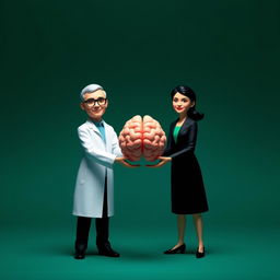 A minimalist image showcasing a male professor and a female professor in a bold stance, both facing the camera with a confident expression