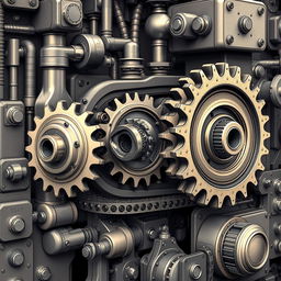 A highly detailed illustration of a mechanical machine showcasing three interconnected gears, designed to mimic a bicycle's gear system