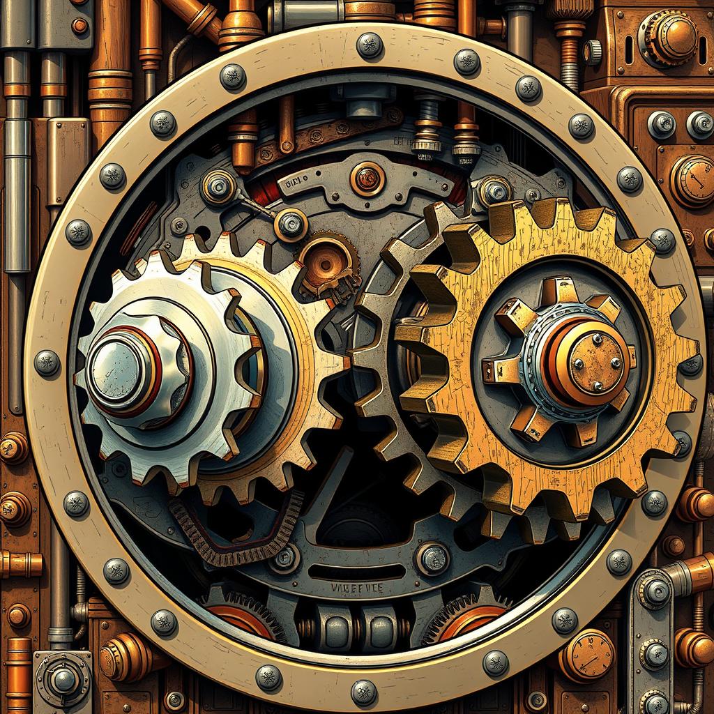 A highly detailed illustration of a mechanical machine showcasing three interconnected gears, designed to mimic a bicycle's gear system
