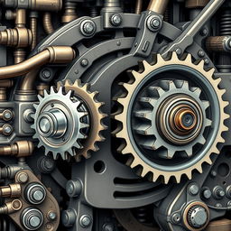 A highly detailed illustration of a mechanical machine showcasing three interconnected gears, designed to mimic a bicycle's gear system
