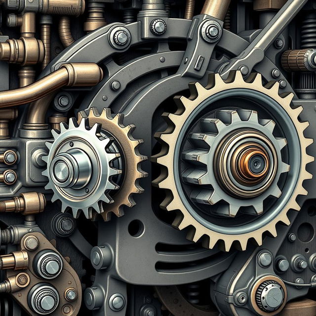 A highly detailed illustration of a mechanical machine showcasing three interconnected gears, designed to mimic a bicycle's gear system