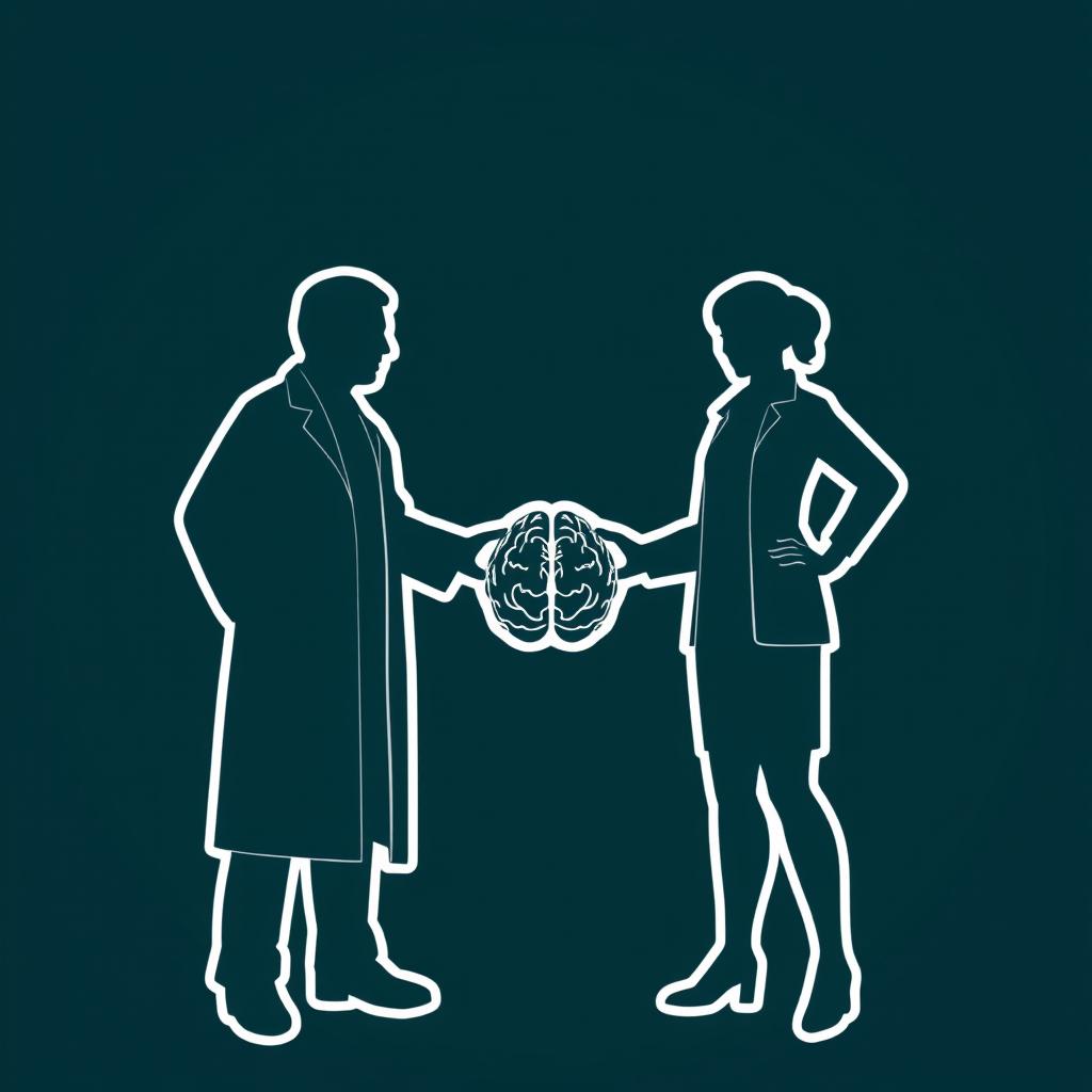 A minimalist image featuring the silhouettes of a male professor and a female professor, outlined with white borders