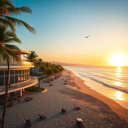 A scenic view of a beautiful beach with golden sands and gentle waves, foreground featuring a modern beach building with large windows and a rooftop terrace