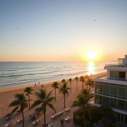 A scenic view of a beautiful beach with golden sands and gentle waves, foreground featuring a modern beach building with large windows and a rooftop terrace