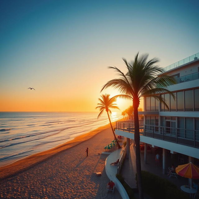 A scenic view of a beautiful beach with golden sands and gentle waves, foreground featuring a modern beach building with large windows and a rooftop terrace