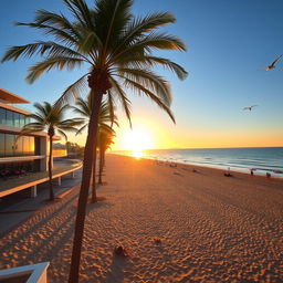 A scenic view of a beautiful beach with golden sands and gentle waves, foreground featuring a modern beach building with large windows and a rooftop terrace
