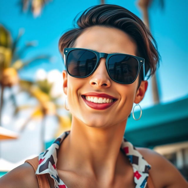 A portrait of a stylish person wearing trendy sunglasses, showcasing a confident smile