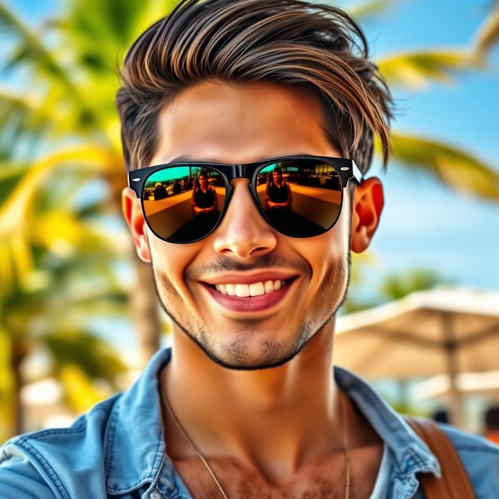 A portrait of a stylish person wearing trendy sunglasses, showcasing a confident smile