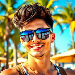 A portrait of a stylish person wearing trendy sunglasses, showcasing a confident smile