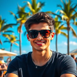 A portrait of a stylish person wearing trendy sunglasses, showcasing a confident smile