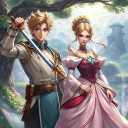 A majestic scene featuring a handsome prince in respectable attire wielding a sword confidently