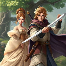 A majestic scene featuring a handsome prince in respectable attire wielding a sword confidently