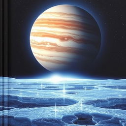 A captivating back cover design for a book about Europa, one of Jupiter's moons, showcasing its icy and mysterious landscape
