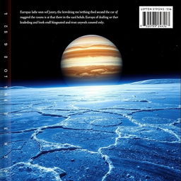A captivating back cover design for a book about Europa, one of Jupiter's moons, showcasing its icy and mysterious landscape