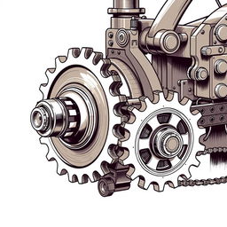 A meticulously illustrated mechanical machine showcasing three distinct gears interconnected by a chain system, mirroring a bicycle's gear functionality