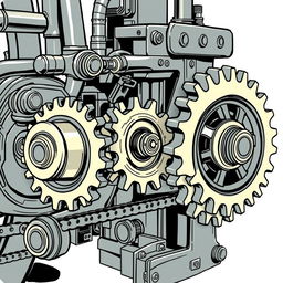 A meticulously illustrated mechanical machine showcasing three distinct gears interconnected by a chain system, mirroring a bicycle's gear functionality