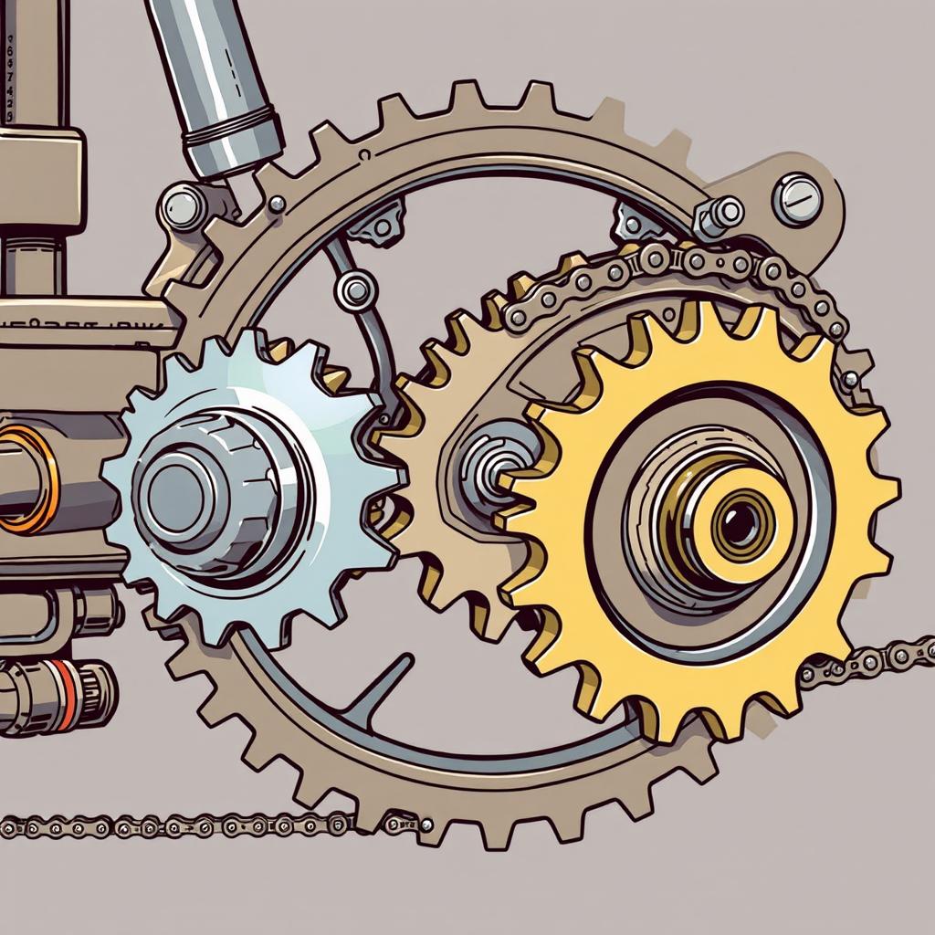 A meticulously illustrated mechanical machine showcasing three distinct gears interconnected by a chain system, mirroring a bicycle's gear functionality