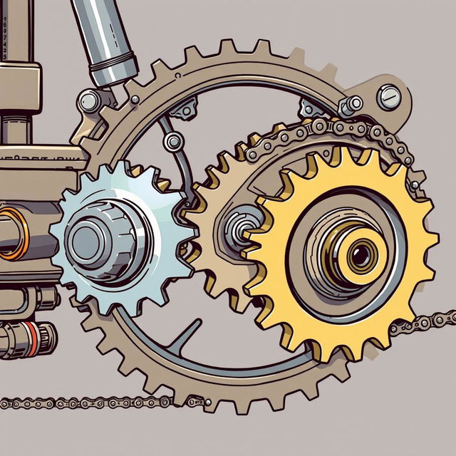 A meticulously illustrated mechanical machine showcasing three distinct gears interconnected by a chain system, mirroring a bicycle's gear functionality