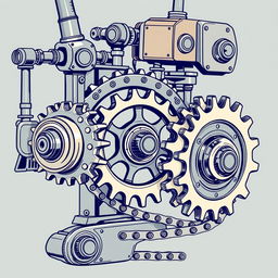 A meticulously illustrated mechanical machine showcasing three distinct gears interconnected by a chain system, mirroring a bicycle's gear functionality
