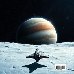 A stunning back cover design for a book about Europa, the moon of Jupiter, viewed from the vastness of space