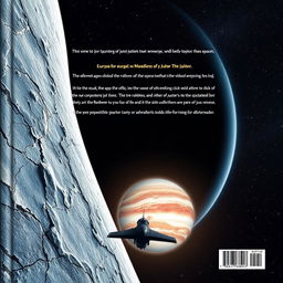 A stunning back cover design for a book about Europa, the moon of Jupiter, viewed from the vastness of space