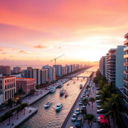 A vibrant aerial view of Miami's skyline at sunset, showcasing the iconic Art Deco architecture of South Beach, the bright colors of the buildings reflecting off the ocean, bustling streets filled with palm trees, luxury cars, and people enjoying the warm weather