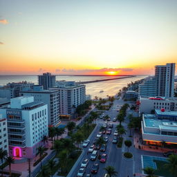 A vibrant aerial view of Miami's skyline at sunset, showcasing the iconic Art Deco architecture of South Beach, the bright colors of the buildings reflecting off the ocean, bustling streets filled with palm trees, luxury cars, and people enjoying the warm weather