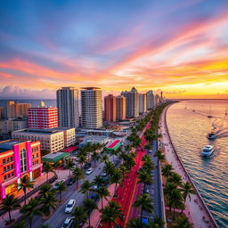 A vibrant aerial view of Miami's skyline at sunset, showcasing the iconic Art Deco architecture of South Beach, the bright colors of the buildings reflecting off the ocean, bustling streets filled with palm trees, luxury cars, and people enjoying the warm weather