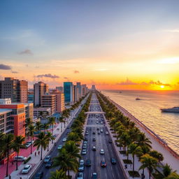 A vibrant aerial view of Miami's skyline at sunset, showcasing the iconic Art Deco architecture of South Beach, the bright colors of the buildings reflecting off the ocean, bustling streets filled with palm trees, luxury cars, and people enjoying the warm weather