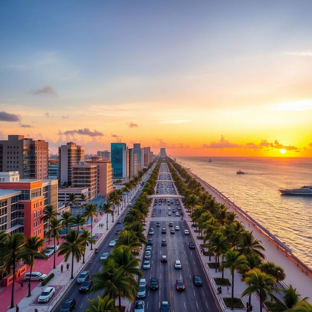 A vibrant aerial view of Miami's skyline at sunset, showcasing the iconic Art Deco architecture of South Beach, the bright colors of the buildings reflecting off the ocean, bustling streets filled with palm trees, luxury cars, and people enjoying the warm weather