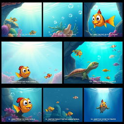 A storyboard consisting of 16 frames showcasing 'Underwater Adventures', featuring a quirky fish as the protagonist exploring the vibrant underwater world while dreaming of the mysterious human world above