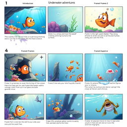 A storyboard consisting of 16 frames showcasing 'Underwater Adventures', featuring a quirky fish as the protagonist exploring the vibrant underwater world while dreaming of the mysterious human world above