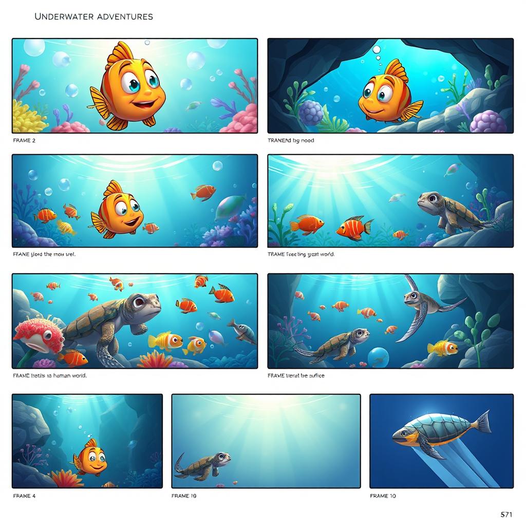 A storyboard consisting of 16 frames showcasing 'Underwater Adventures', featuring a quirky fish as the protagonist exploring the vibrant underwater world while dreaming of the mysterious human world above