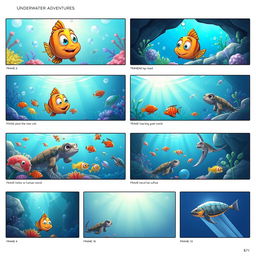 A storyboard consisting of 16 frames showcasing 'Underwater Adventures', featuring a quirky fish as the protagonist exploring the vibrant underwater world while dreaming of the mysterious human world above