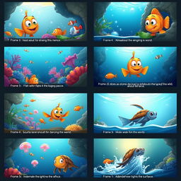 A storyboard consisting of 16 frames showcasing 'Underwater Adventures', featuring a quirky fish as the protagonist exploring the vibrant underwater world while dreaming of the mysterious human world above