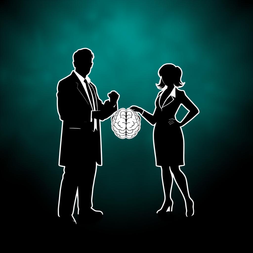 A minimalist image featuring the silhouettes of a male professor and a female professor, outlined with white borders