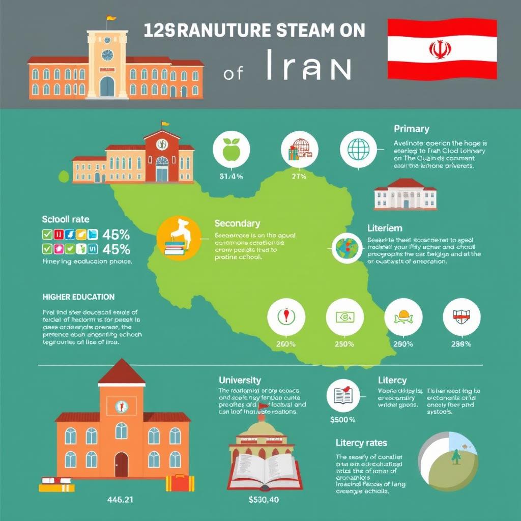 An informative and visually engaging infographic illustrating the educational system of Iran
