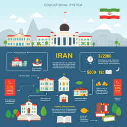 An informative and visually engaging infographic illustrating the educational system of Iran