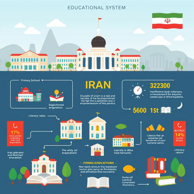 An informative and visually engaging infographic illustrating the educational system of Iran