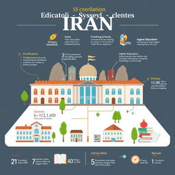 An informative and visually engaging infographic illustrating the educational system of Iran