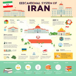 An informative and visually engaging infographic illustrating the educational system of Iran