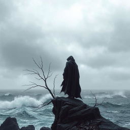 A dark and somber landscape depicting a lonely figure standing at the edge of a desolate cliff, overlooking a stormy sea