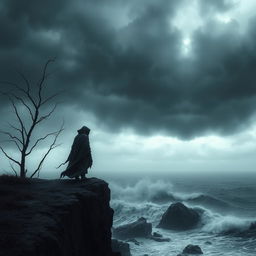 A dark and somber landscape depicting a lonely figure standing at the edge of a desolate cliff, overlooking a stormy sea