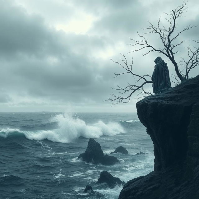 A dark and somber landscape depicting a lonely figure standing at the edge of a desolate cliff, overlooking a stormy sea