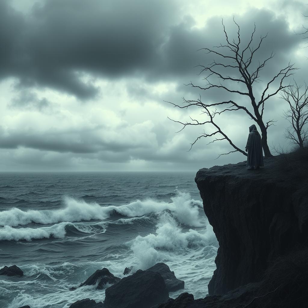 A dark and somber landscape depicting a lonely figure standing at the edge of a desolate cliff, overlooking a stormy sea