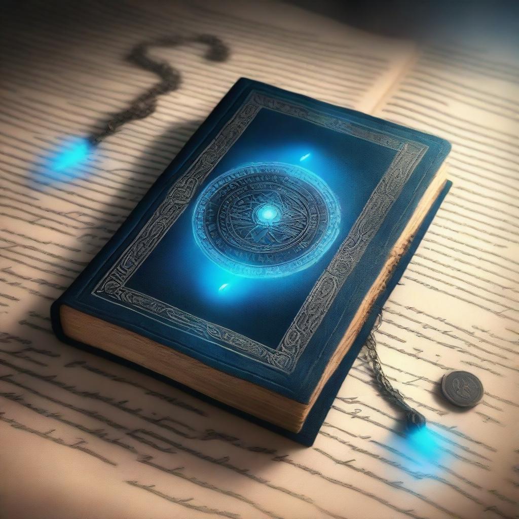 A superior quality digital art image featuring an ancient book filled with mysterious inscriptions centrally placed