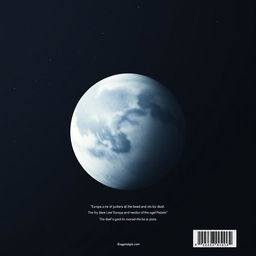 A minimalist back cover design featuring the moon Europa, one of Jupiter's moons, beautifully set against the vastness of space