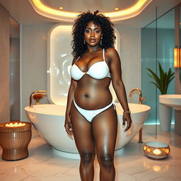 A full-body image of a beautiful mature African American woman aged 50, with curly black hair, possessing a curvy physique, featuring large breasts size 42DD, wide hips, a very slender waist, thick thighs, and beautiful, firm legs
