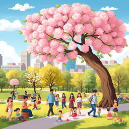 A whimsical and vibrant illustration of a bustling city park during springtime