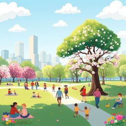 A whimsical and vibrant illustration of a bustling city park during springtime